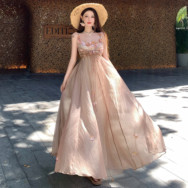 French Heavy Work V-Neck Three-Dimensional Flower Strapless Dress Vacation Fairy Long Dress