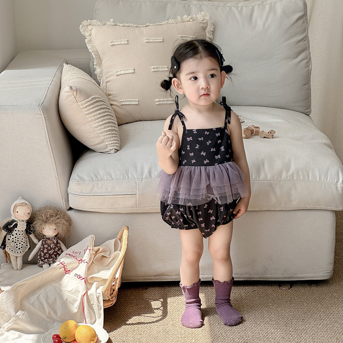 Baby Clothes Summer Sleeveless Butterfly Knot Romper for Girls, Mesh Baby Bodysuit for Newborns and 100-Day Celebration, Summer Outfit