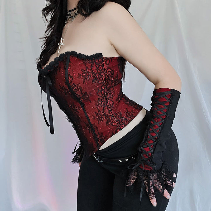 Dark red background lace fishbone sexy spicy girl lace waist tied top for women