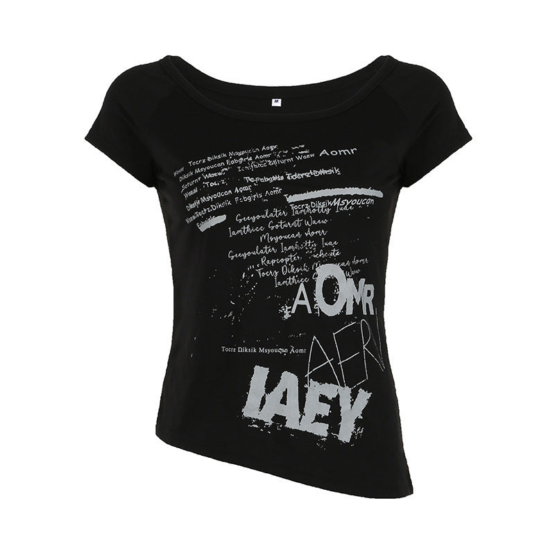 Y2K Dark Style Letter Print Off-Shoulder Loose Short Sleeve T-Shirt Millennium Spicy Girl Street Sexy Backless Hip Hop Top