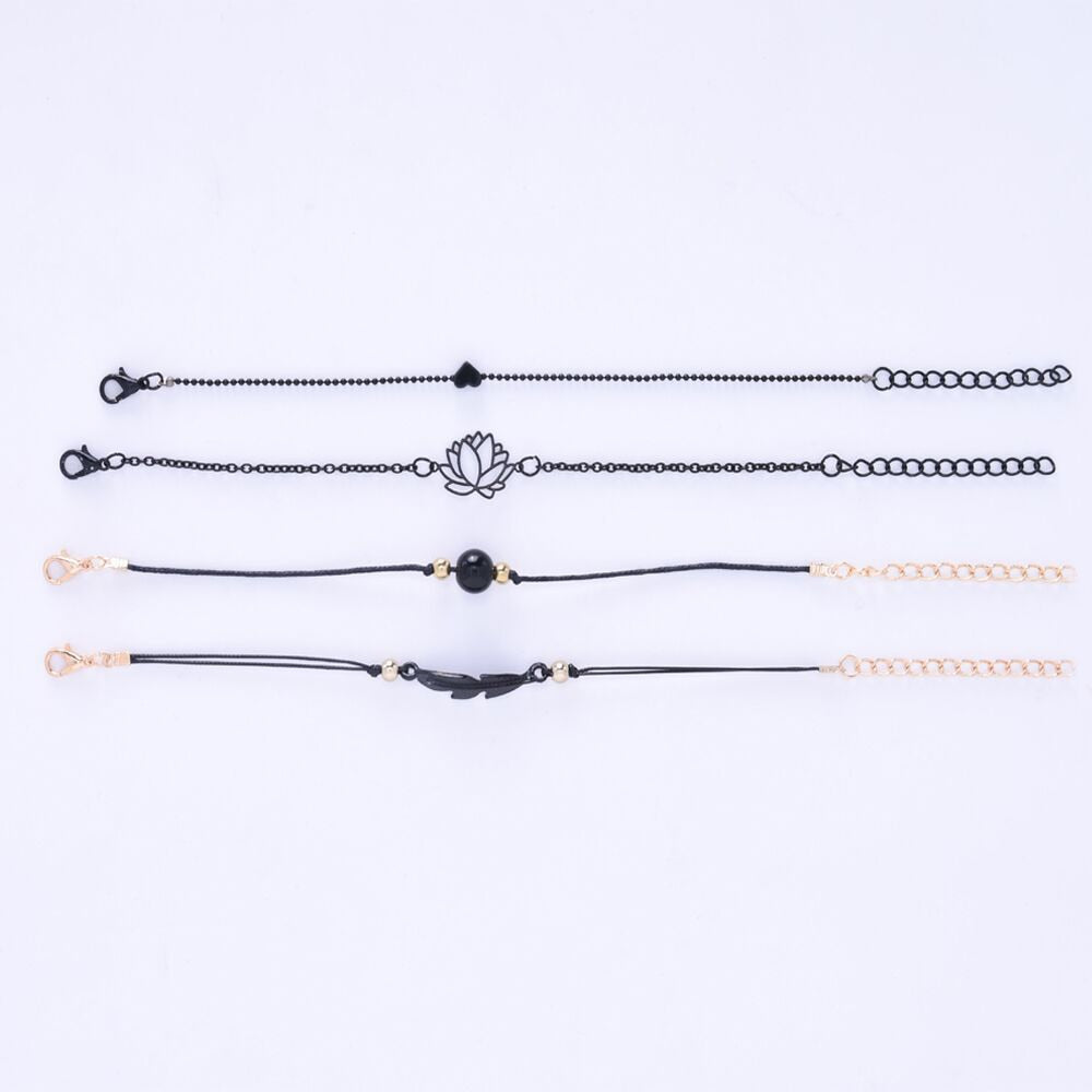 New Fashion 4PCs Gothic Black Feather Lotus Bracelets Set Heart Charm Boho Bangles For Women Wrist Chain Bracelets