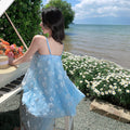 Blue Floral Mesh Strapless Dress Ultra Fairy Fashionable Age-Appropriate Dress