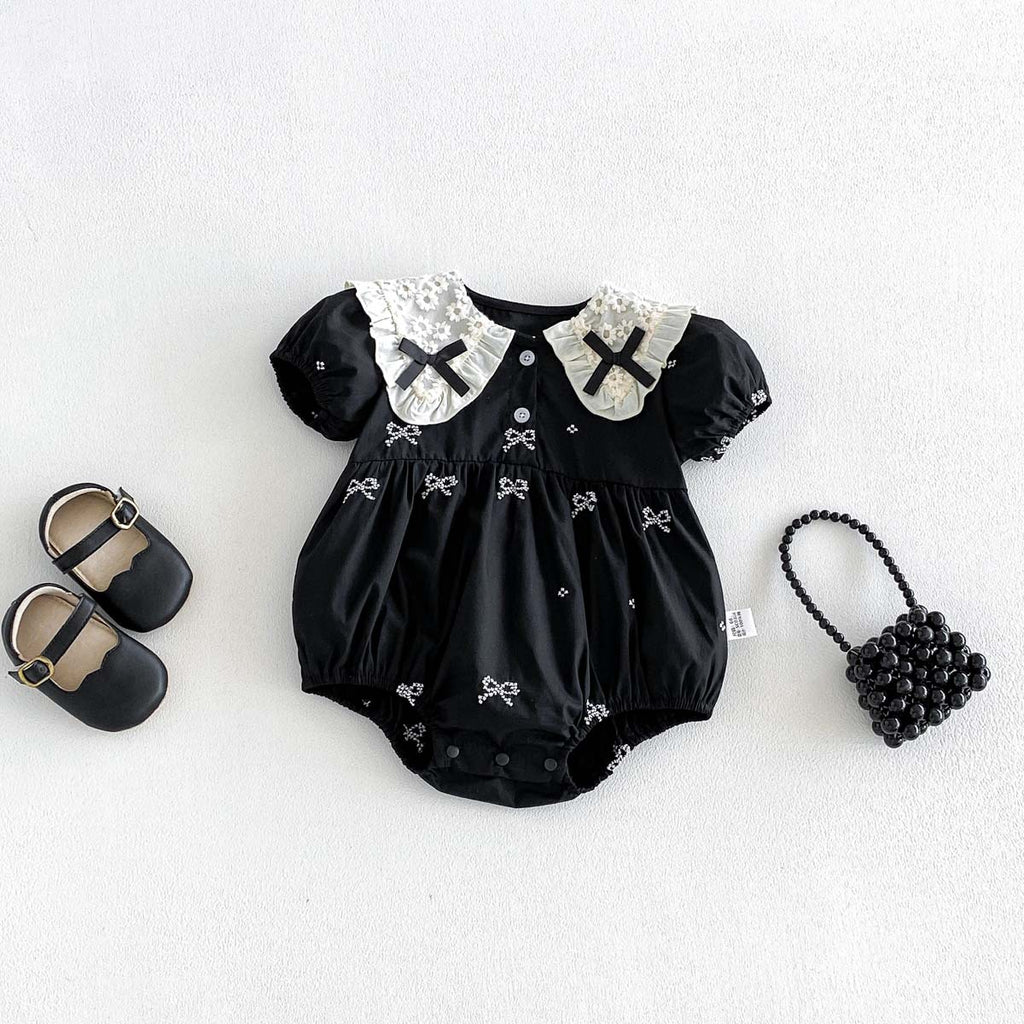 Summer Butterfly Knot Embroidered Collar Short Sleeve Romper Baby Girl Cotton Sweet Lace Bodysuit
