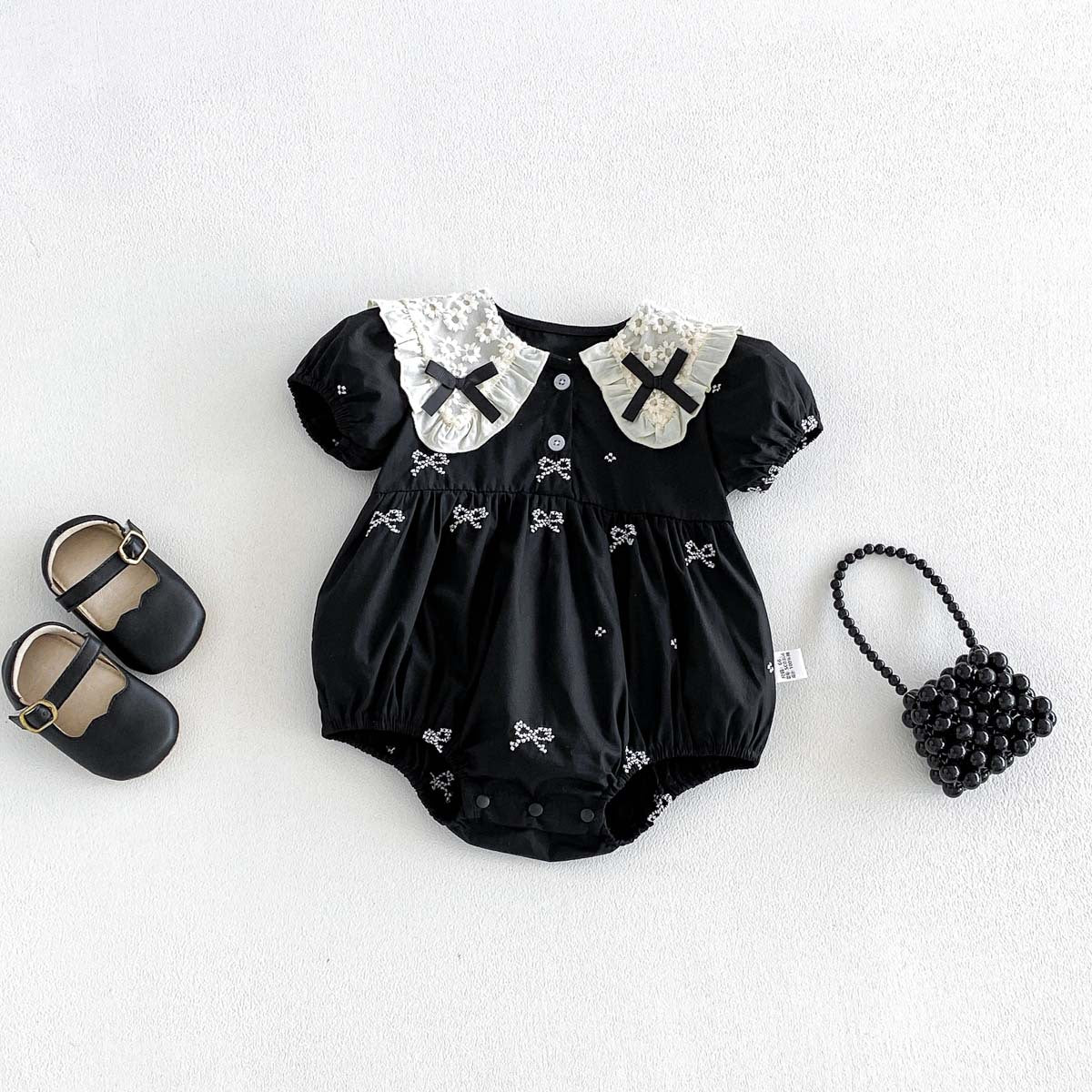 Summer Butterfly Knot Embroidered Collar Short Sleeve Romper Baby Girl Cotton Sweet Lace Bodysuit