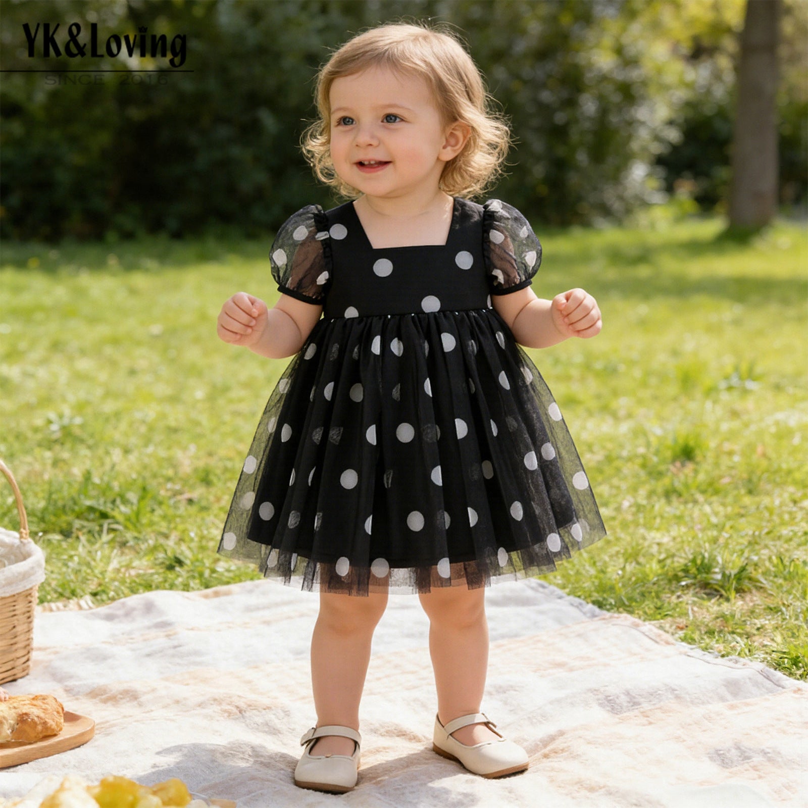 Summer Baby Girl Black Polka Dot Mesh Dress, Square Neck Bubble Sleeve Princess Dress