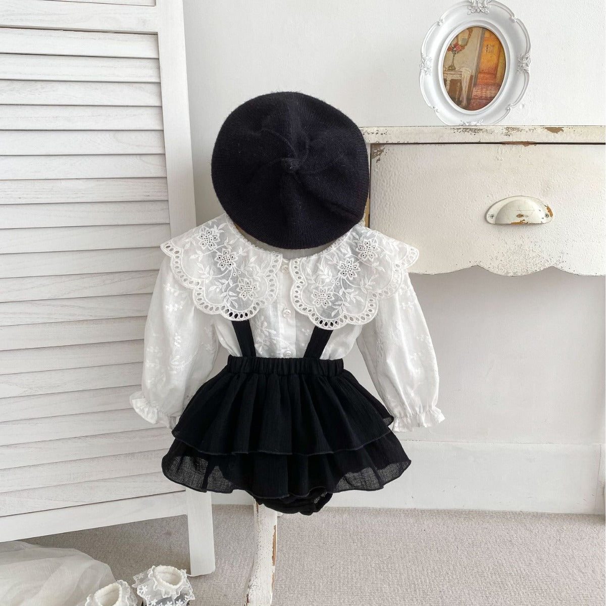 Baby Clothes Spring Autumn  Girl Solid Color Large Turn-Down Collar Shirt Overall Romper Two-Piece Set