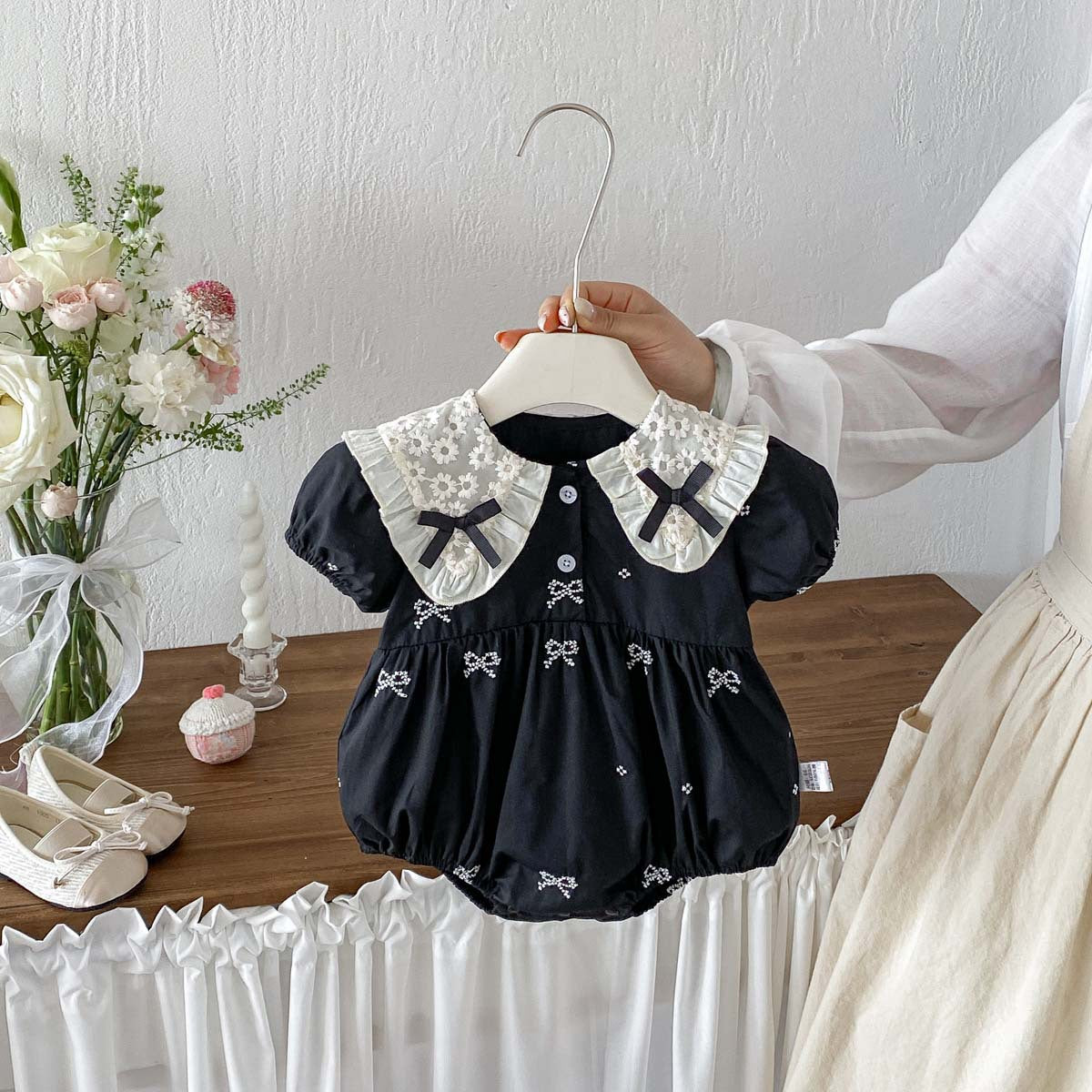 Summer Butterfly Knot Embroidered Collar Short Sleeve Romper Baby Girl Cotton Sweet Lace Bodysuit