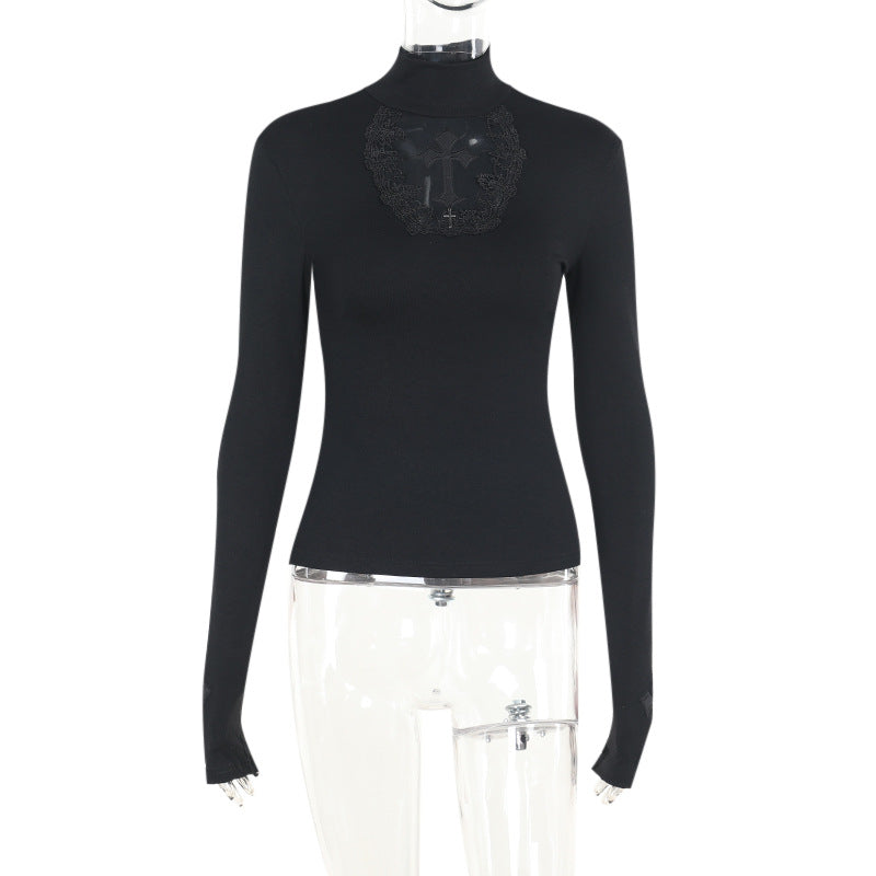 Dark Chic Sexy Fitted Hollow-Out Cross Long Sleeve Top