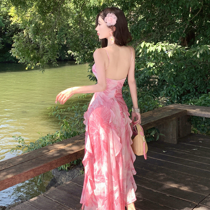 Pink Lotus Strapless Dress with Ruffled Lace Hem, Flowy Fairy-Like Waist-Cinching Vacation Dress for Women Summer