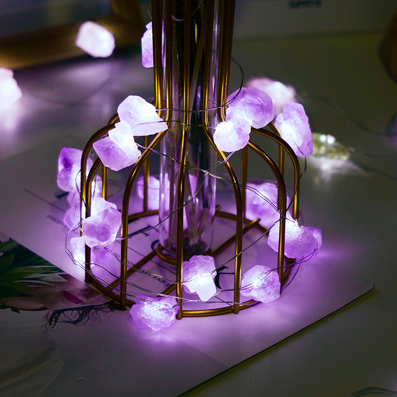Natural Pink Amethyst Original Stone Atmosphere Light Gravel Long Colored Light String Christmas Decoration