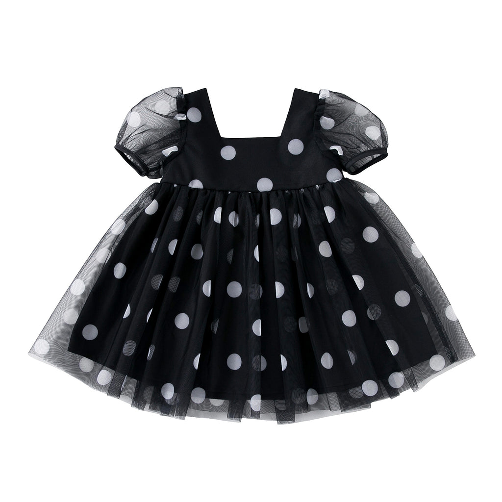 Summer Baby Girl Black Polka Dot Mesh Dress, Square Neck Bubble Sleeve Princess Dress