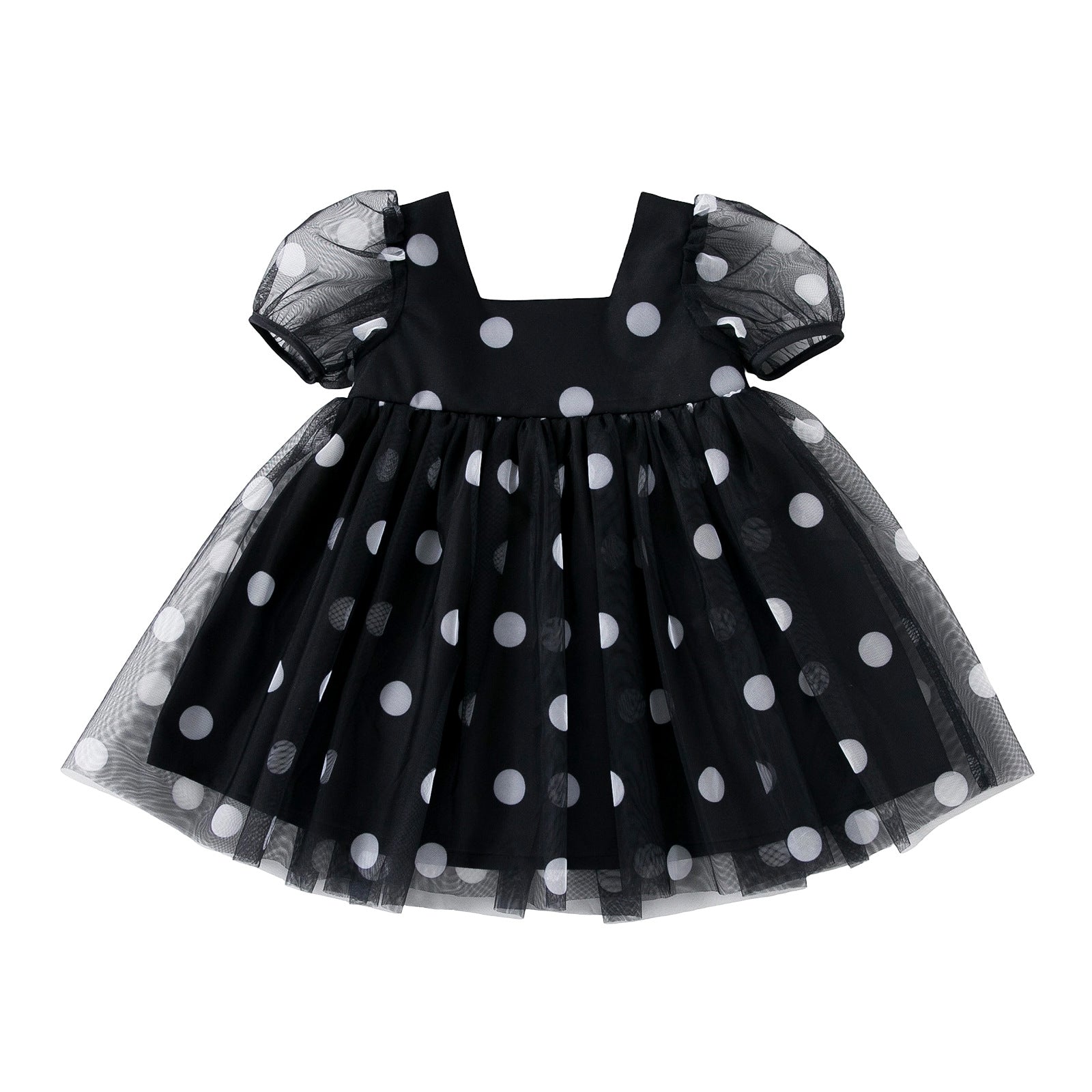 Summer Baby Girl Black Polka Dot Mesh Dress, Square Neck Bubble Sleeve Princess Dress