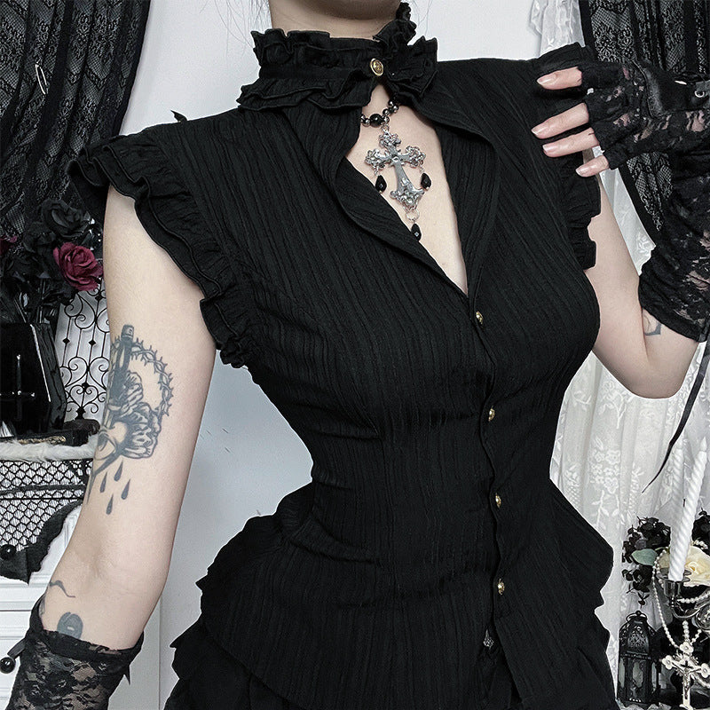 Dark retro open neck gothic wood ear pinching waist top for women