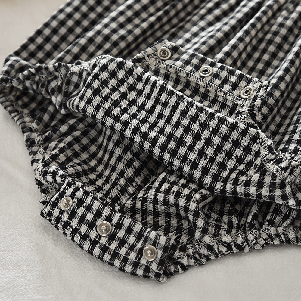 Cute Two-Piece Set for Girls, Solid Color Top and Checkered Romper, Casual Baby Girl Clothing