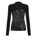 Style Sexy Dark Floral Print Square Neck Slim Fit Long Sleeve T-Shirt, Crop Top with Irregular Hem and Waistline, Revealing Collarbone