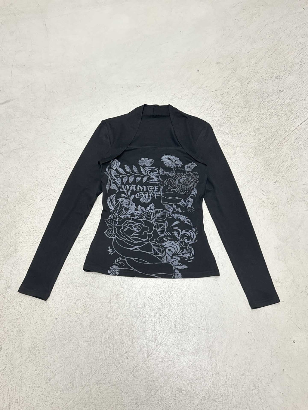 Style Sexy Dark Floral Print Square Neck Slim Fit Long Sleeve T-Shirt, Crop Top with Irregular Hem and Waistline, Revealing Collarbone