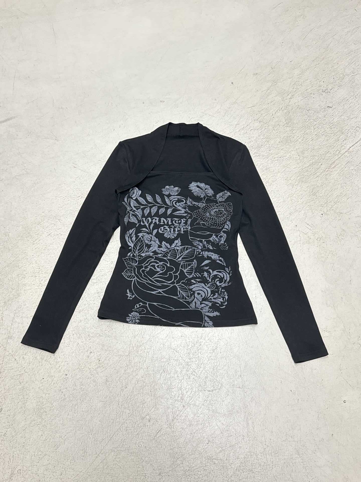 Style Sexy Dark Floral Print Square Neck Slim Fit Long Sleeve T-Shirt, Crop Top with Irregular Hem and Waistline, Revealing Collarbone