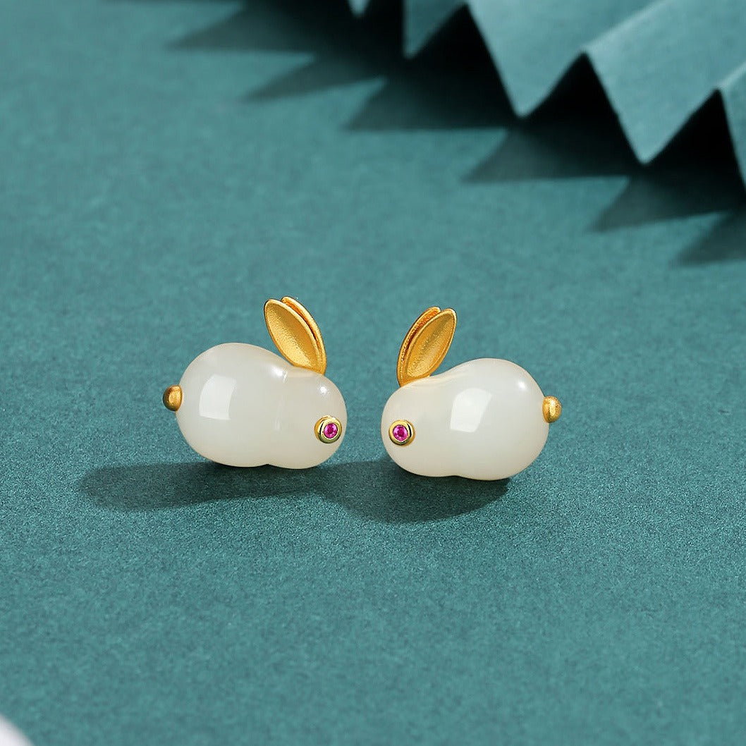 Hotan Jade Rabbit Pendant S925 Silver Gilded Lovely Jade Rabbit Earnail Necklace Bracelet Ring Fairy Jewelry
