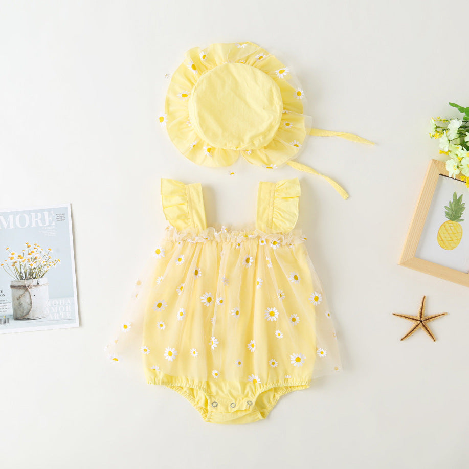 Cute Baby Girl Romper Summer Lightweight Outfit for 100 Days or First Birthday, Daisy Princess Tulle Dress Style