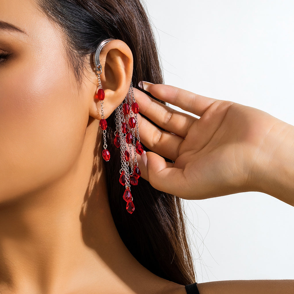 Gothic style blood stained crystal pendant with ear hooks, no ear holes, exaggerated blood drop earrings, ear clips for women