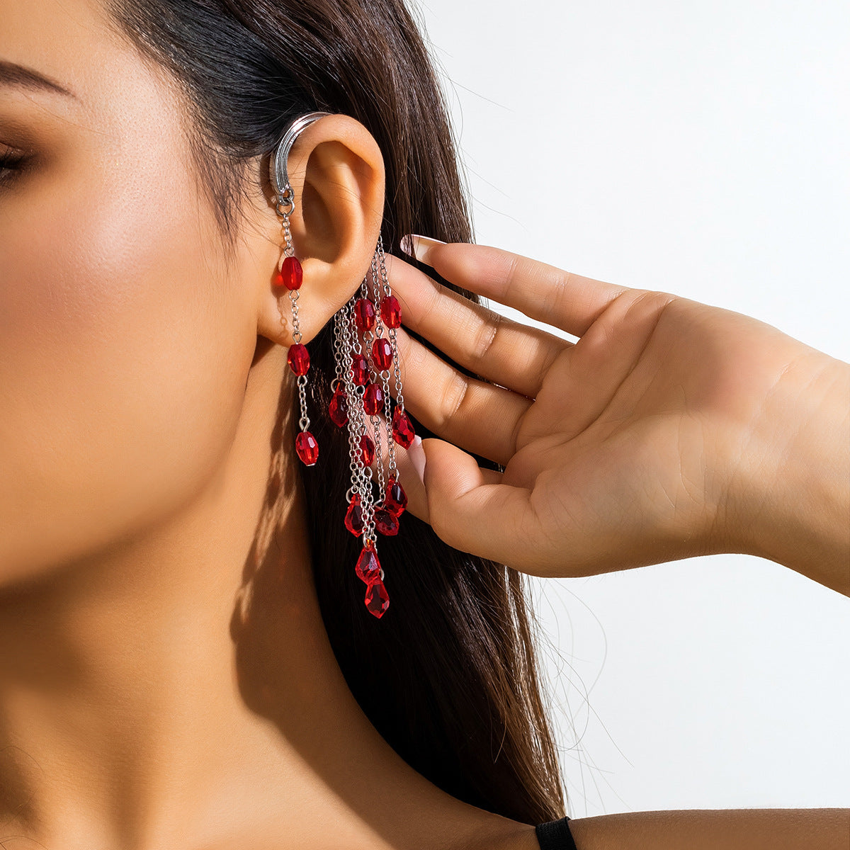 Gothic style blood stained crystal pendant with ear hooks, no ear holes, exaggerated blood drop earrings, ear clips for women