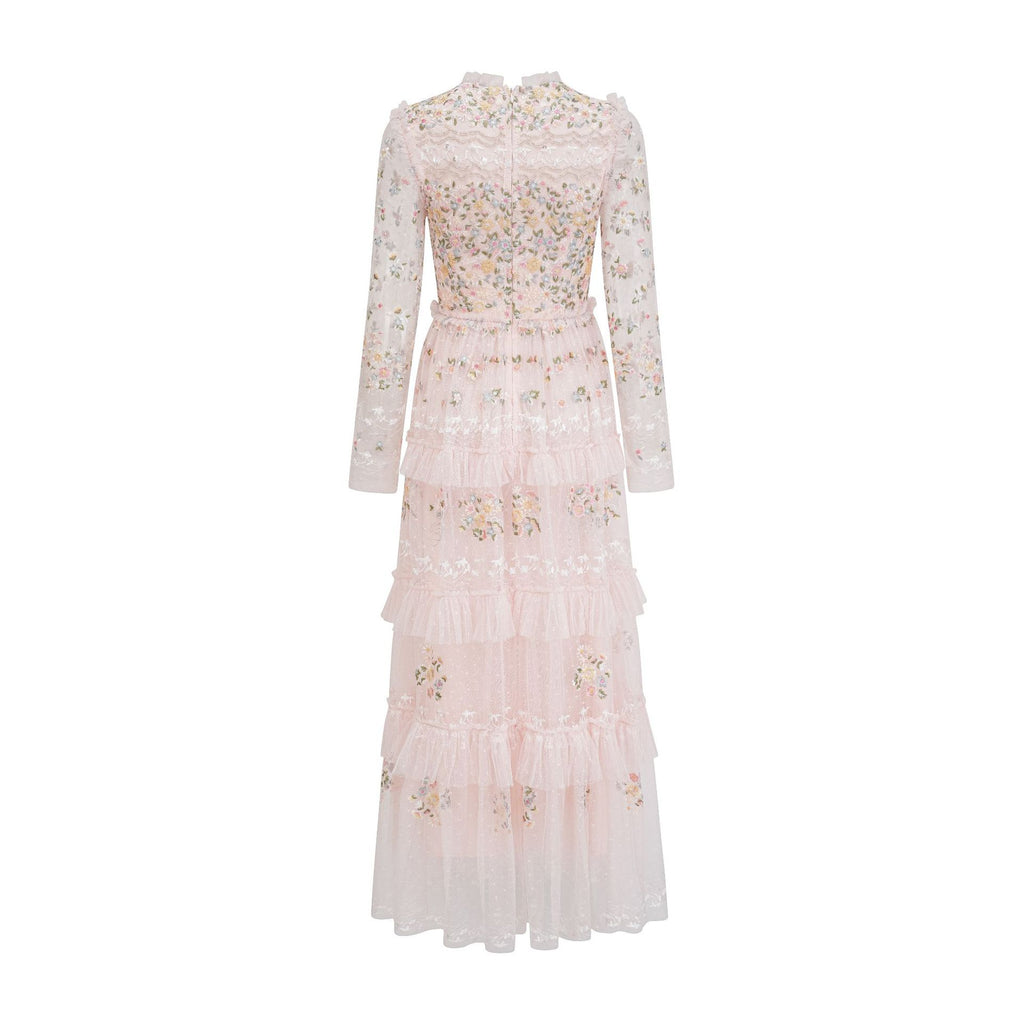 Elegant Goddess Dreamy Tulle Floral Embroidery Fairy Round Neck Waist-Cinched Flared Long Dress Gown
