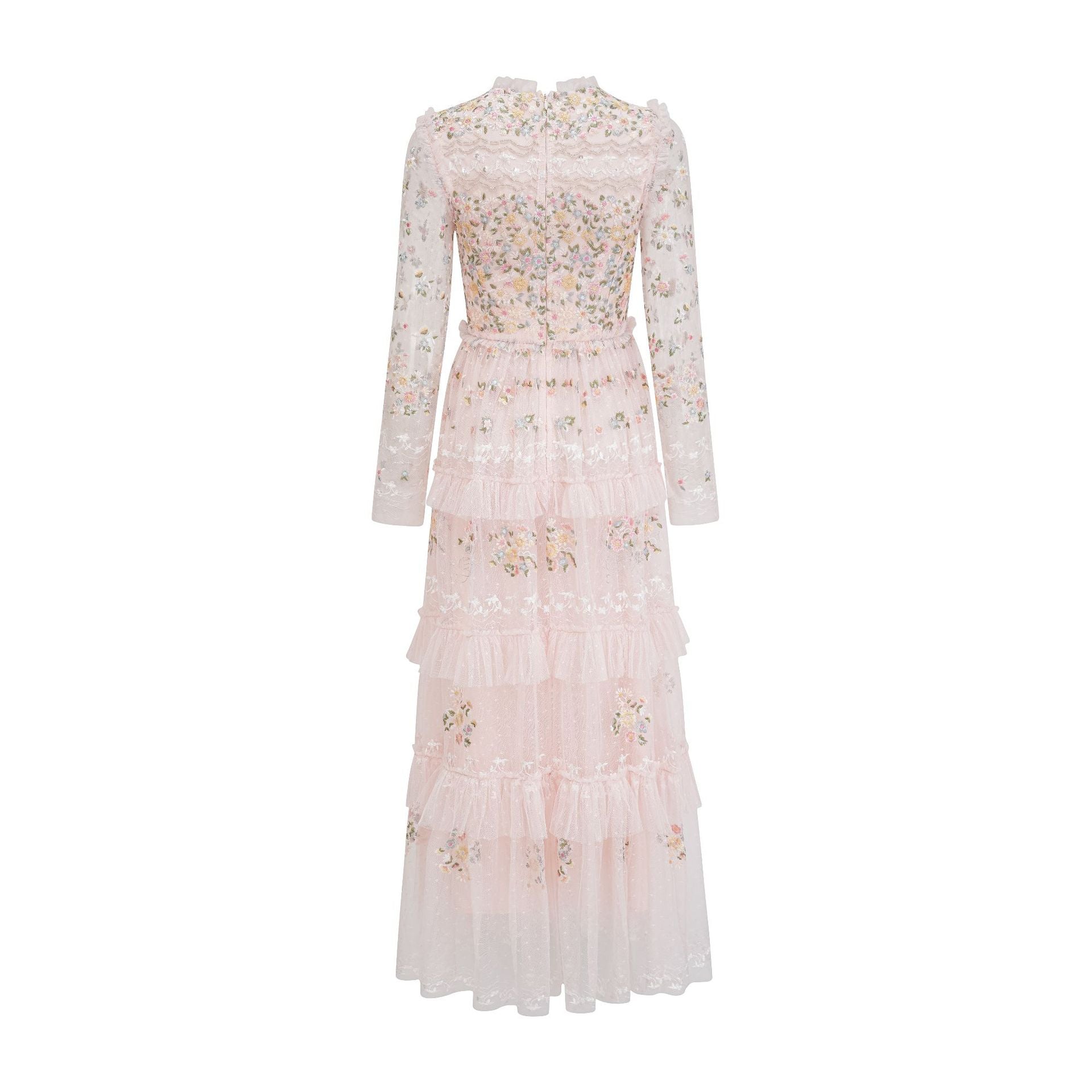 Elegant Goddess Dreamy Tulle Floral Embroidery Fairy Round Neck Waist-Cinched Flared Long Dress Gown