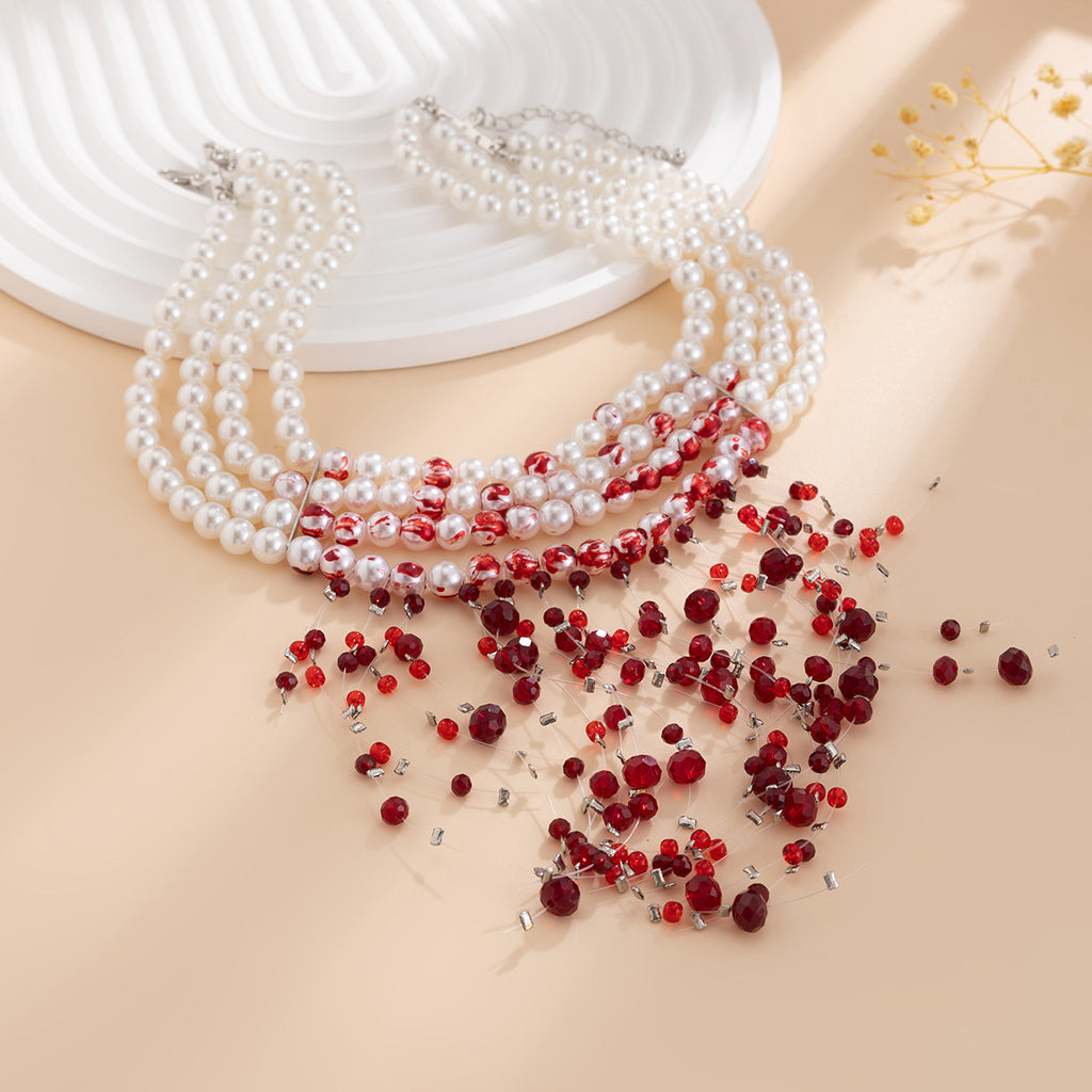Gothic style pearl necklace choker Halloween blood drop tassel crystal collarbone chain