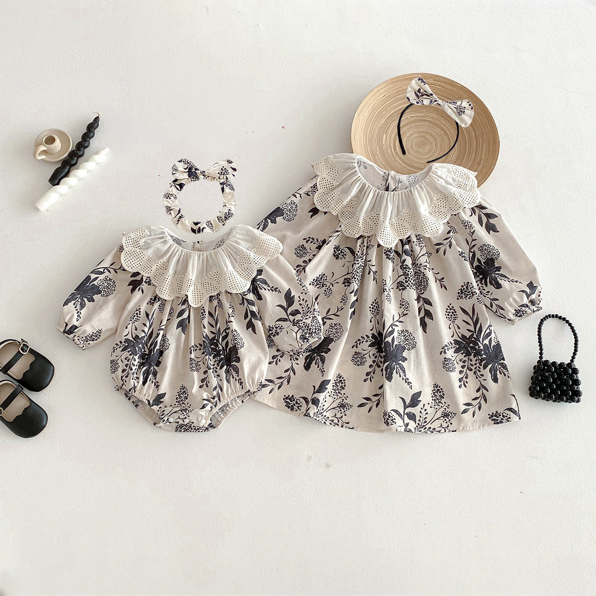 Baby Clothes Spring New Arrival Baby Romper Girls Chinese Style Ink Painting Dress Princess Sister Outfit