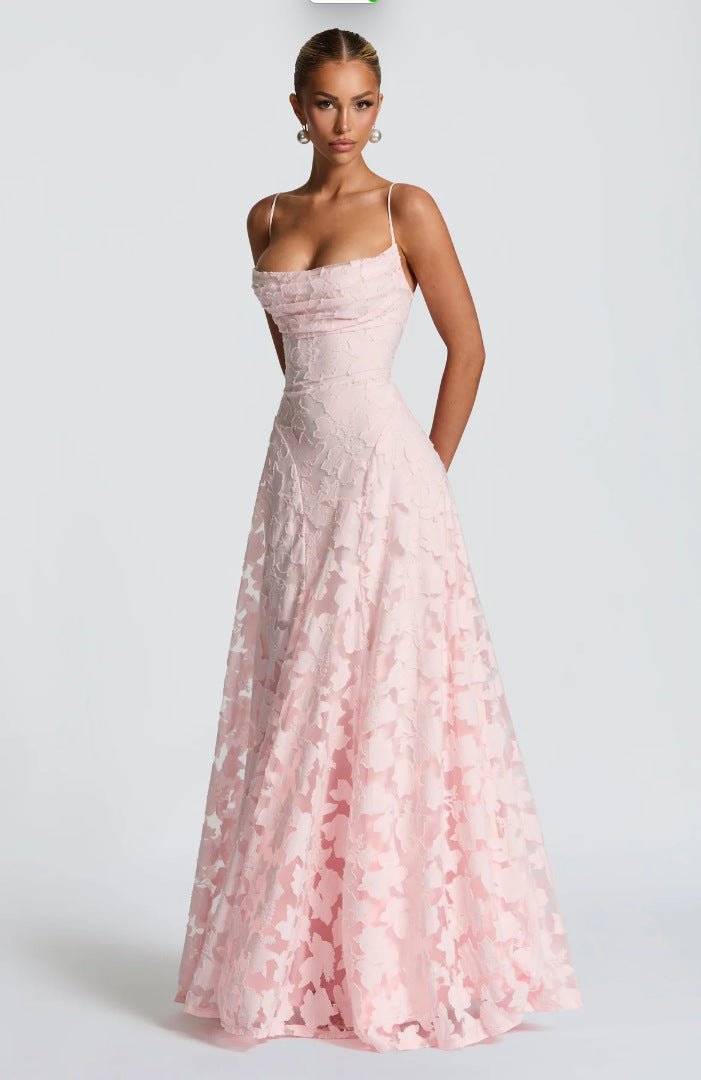 Lace halter dress with tie detail, unique design, women's mid-length fairy dress for spring, casual vacation wear