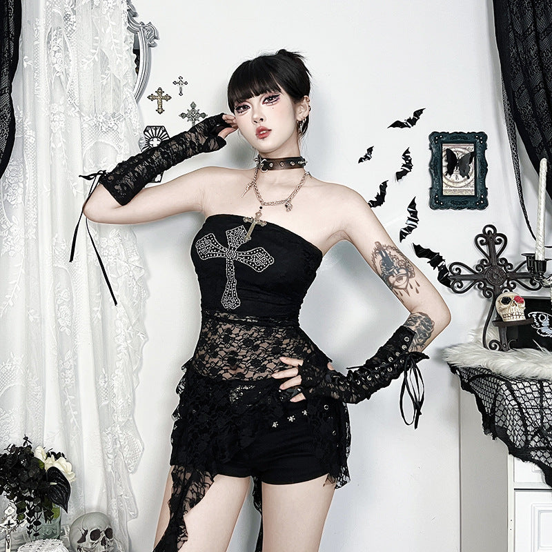 Cross hot stamping diamond strapless dark slimming strapless top