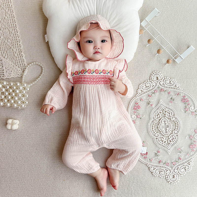 Baby Spring Autumn New Cotton Romper with Flower Embroidery for Girls, Infant Bodysuit Crawling Clothes