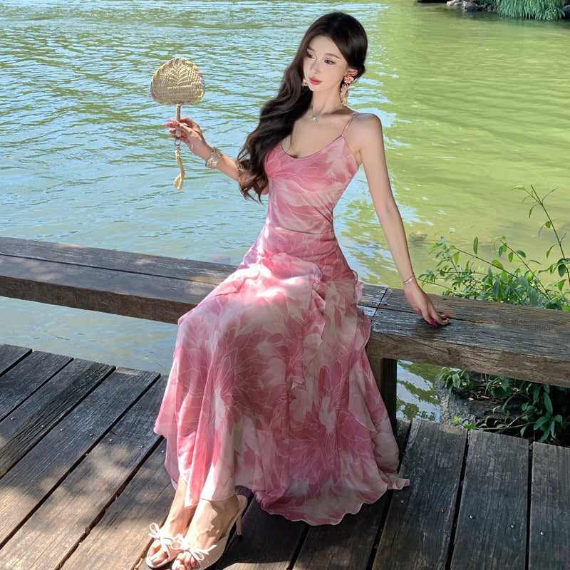 Pink Lotus Strapless Dress with Ruffled Lace Hem, Flowy Fairy-Like Waist-Cinching Vacation Dress for Women Summer