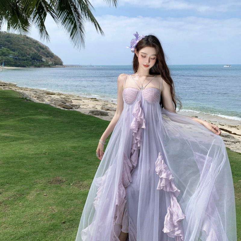 Fairy Leaf Hem Mesh Strapless Dress Women Summer Vacation Long Dress