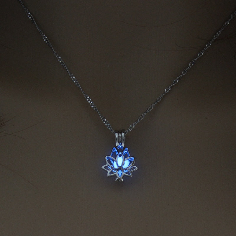 Luminous Glowing In The Dark Moon Lotus Flower Shaped Pendant Necklace For Women