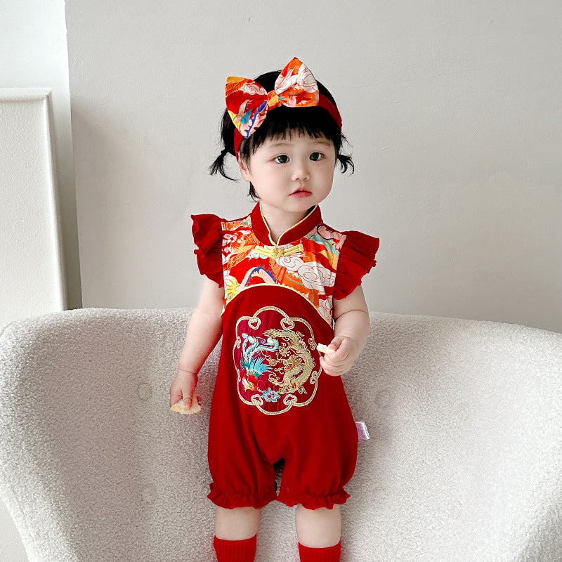 Summer New Baby Girl Red Dress with Flying Sleeve Skirt  Infant Bodysuit Romper