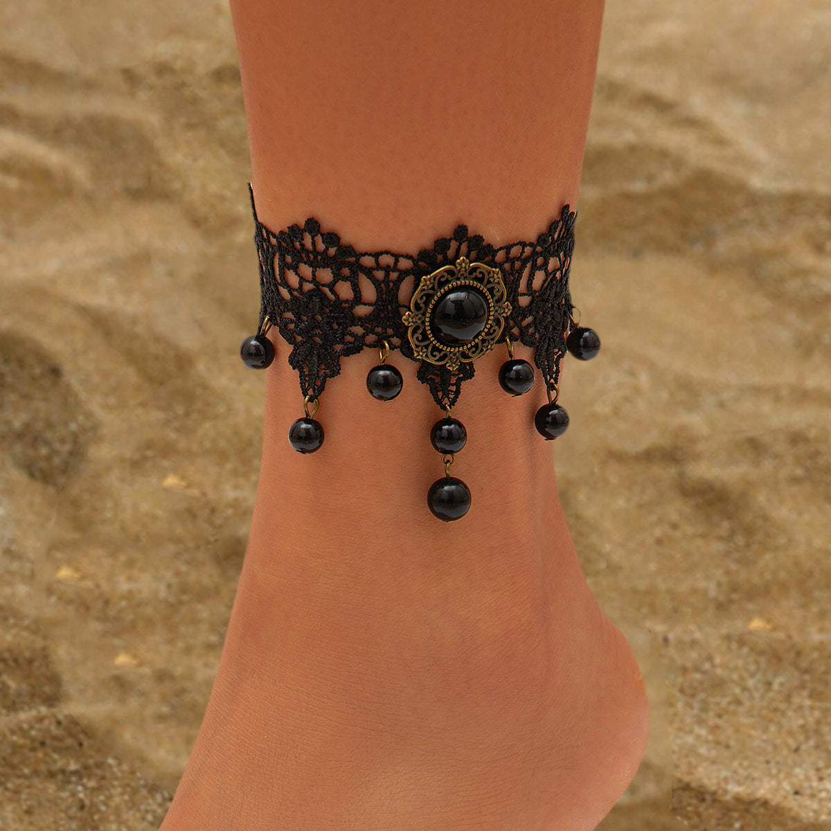 Halloween Gothic style black lace tassel vampire water droplet lace alloy ankle chain