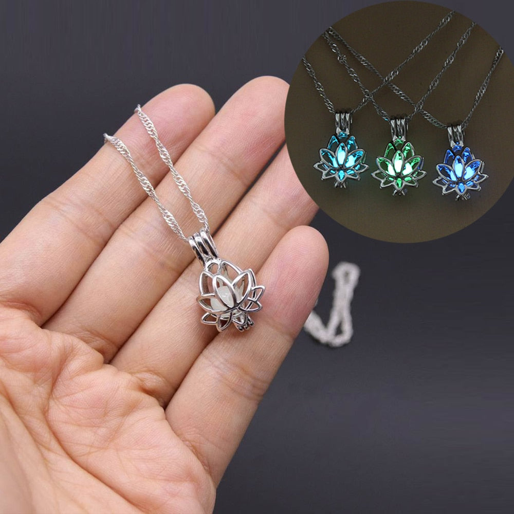 Luminous Glowing In The Dark Moon Lotus Flower Shaped Pendant Necklace For Women