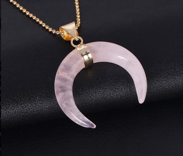 Natural Stones Crescent Moon Necklaces Pendants Purple Crystal Pink Quartz White Stone Gold Color Reiki Women Jewelry