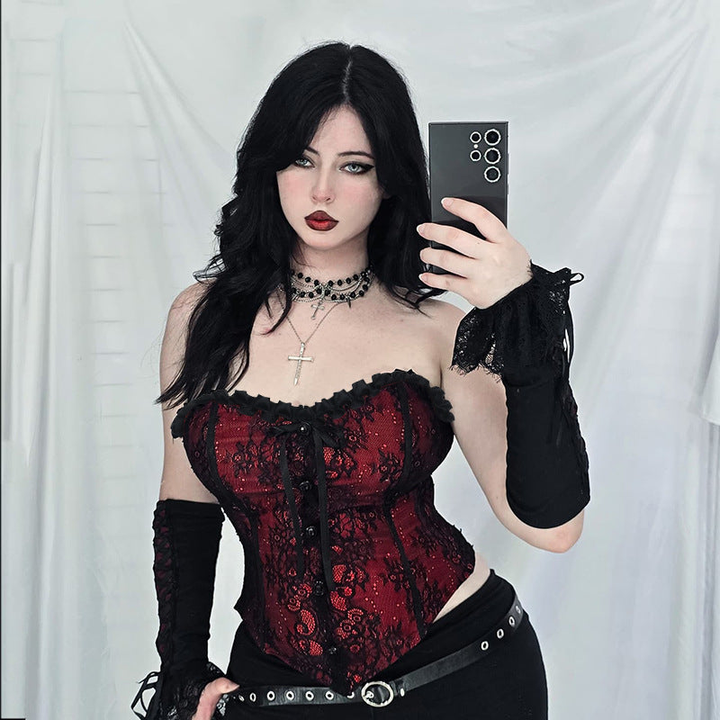 Dark red background lace fishbone sexy spicy girl lace waist tied top for women