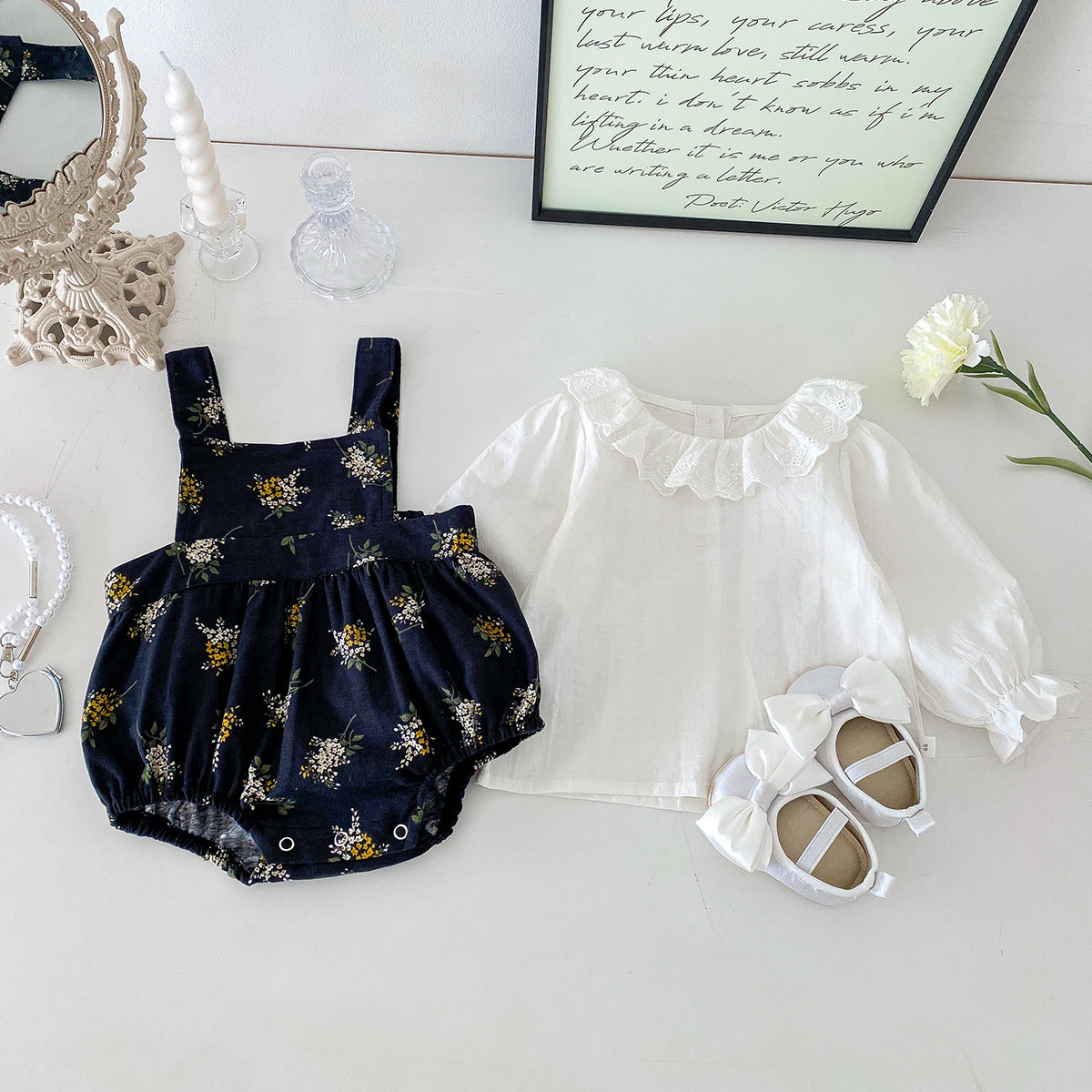 Cute Baby Spring Outfit Newborn Clothes for Girls, Stylish Floral Romper with Cotton Shirt Two-Piece Set for Spring and Autumn