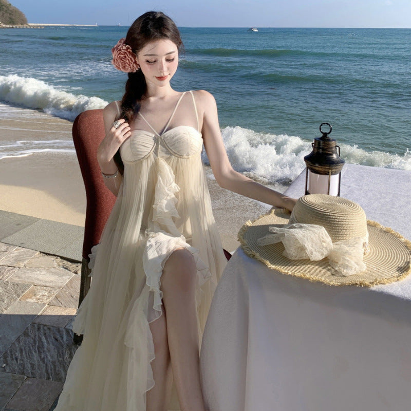 Fairy Leaf Hem Mesh Strapless Dress Women Summer Vacation Long Dress