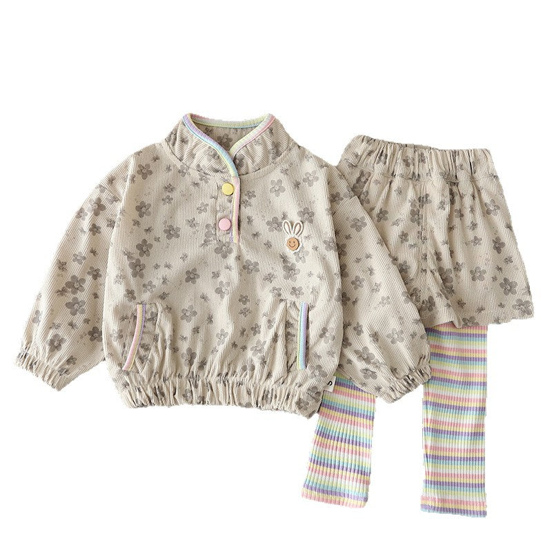 Children's corduroy long sleeved two piece baby girl casual clothes