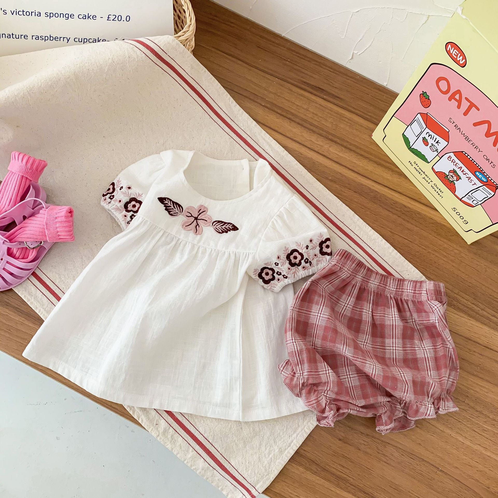 Baby Romper Girls Ethnic Style Outfit Kids Plaid Onesie Clothes Embroidered Summer