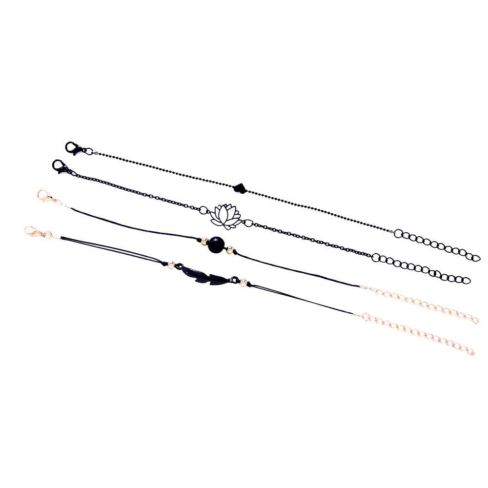 New Fashion 4PCs Gothic Black Feather Lotus Bracelets Set Heart Charm Boho Bangles For Women Wrist Chain Bracelets