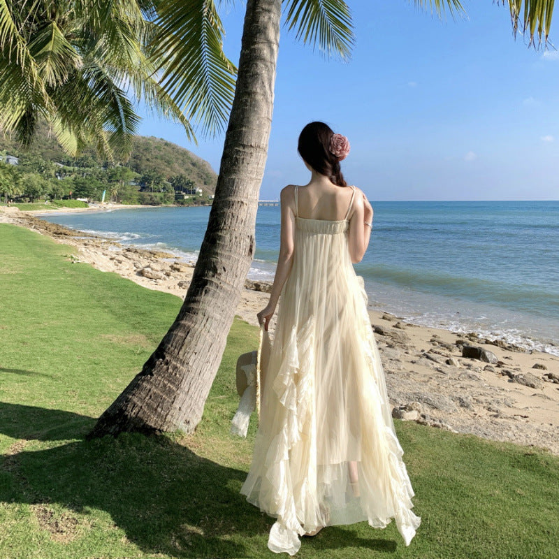 Fairy Leaf Hem Mesh Strapless Dress Women Summer Vacation Long Dress