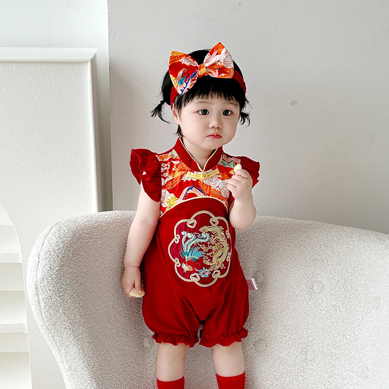 Summer New Baby Girl Red Dress with Flying Sleeve Skirt  Infant Bodysuit Romper