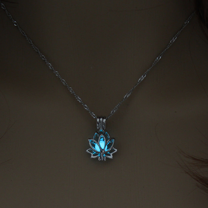 Luminous Glowing In The Dark Moon Lotus Flower Shaped Pendant Necklace For Women