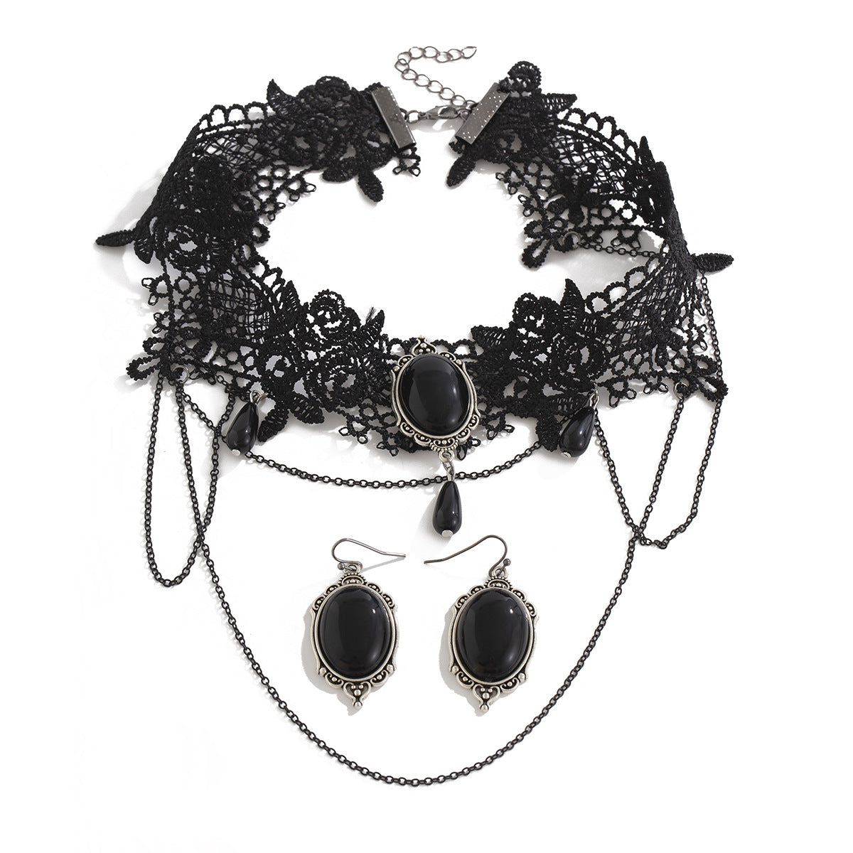 Gothic style moon alloy necklace set for women, sexy multi-layer lace tassel collar