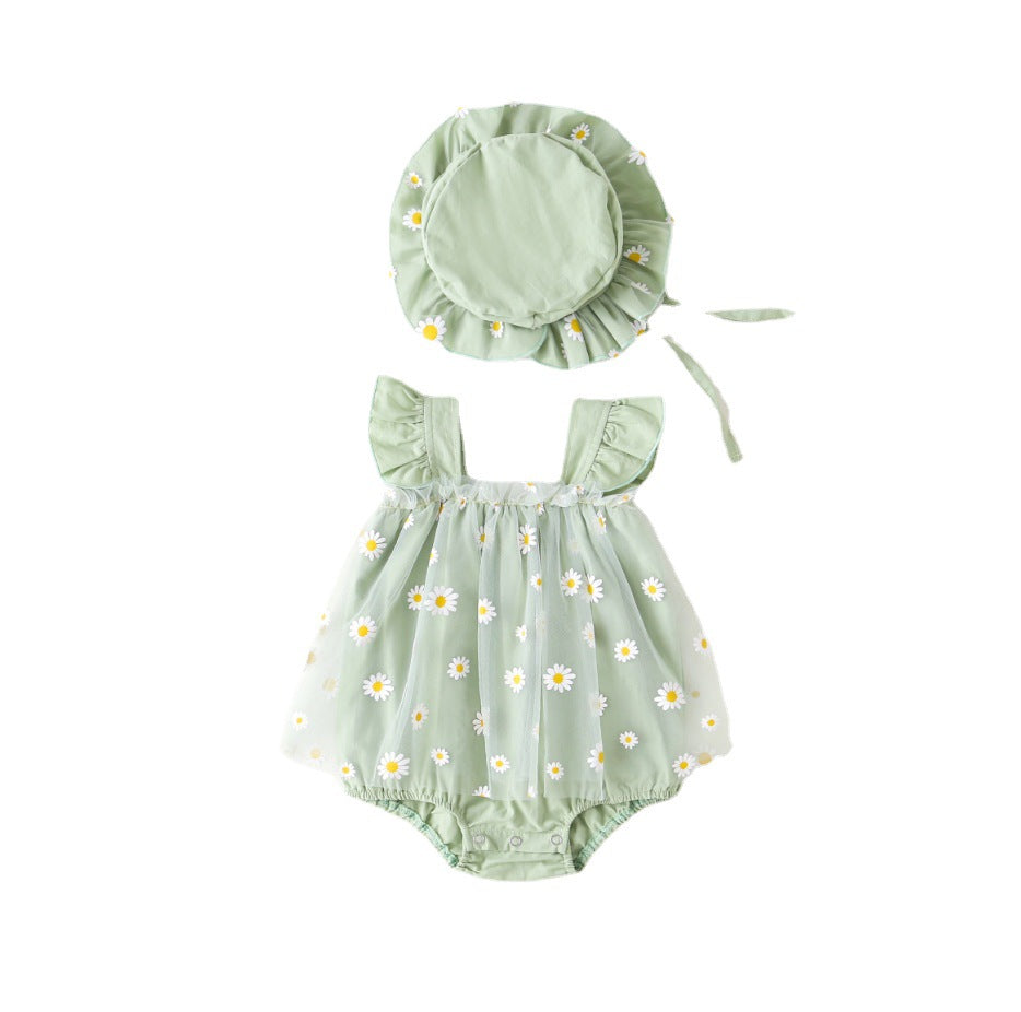 Cute Baby Girl Romper Summer Lightweight Outfit for 100 Days or First Birthday, Daisy Princess Tulle Dress Style
